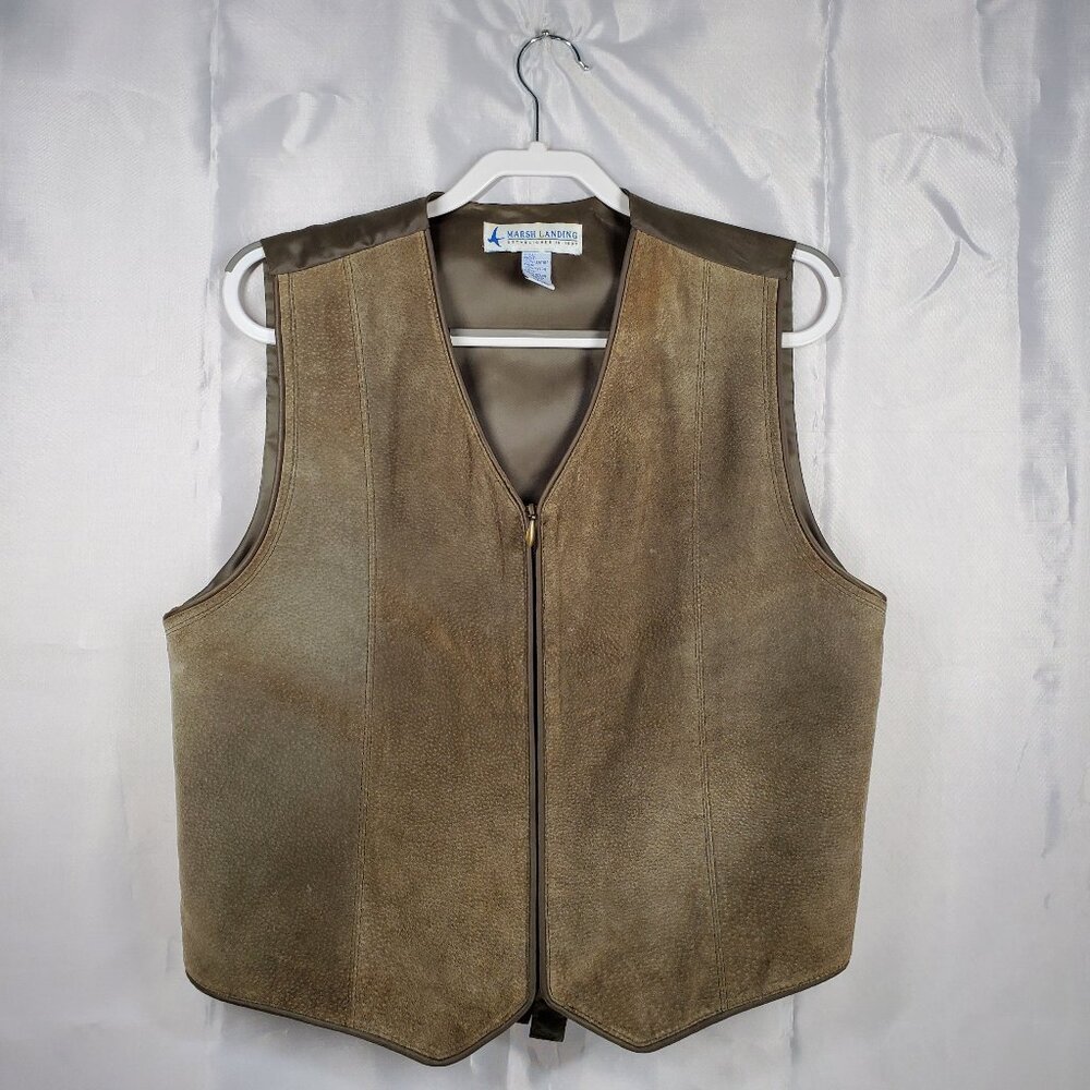 Vintage Marsh Landing Suede Leather Vest Full Zip Up Olive Green Wmn Sz L